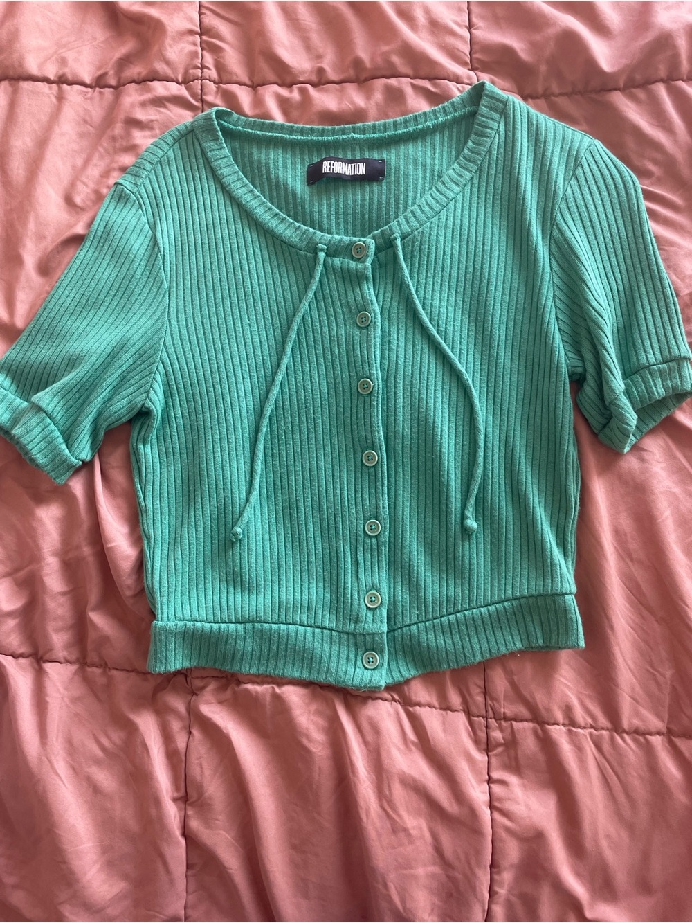 Reformation Green Ribbed Button-Front Crop Top
